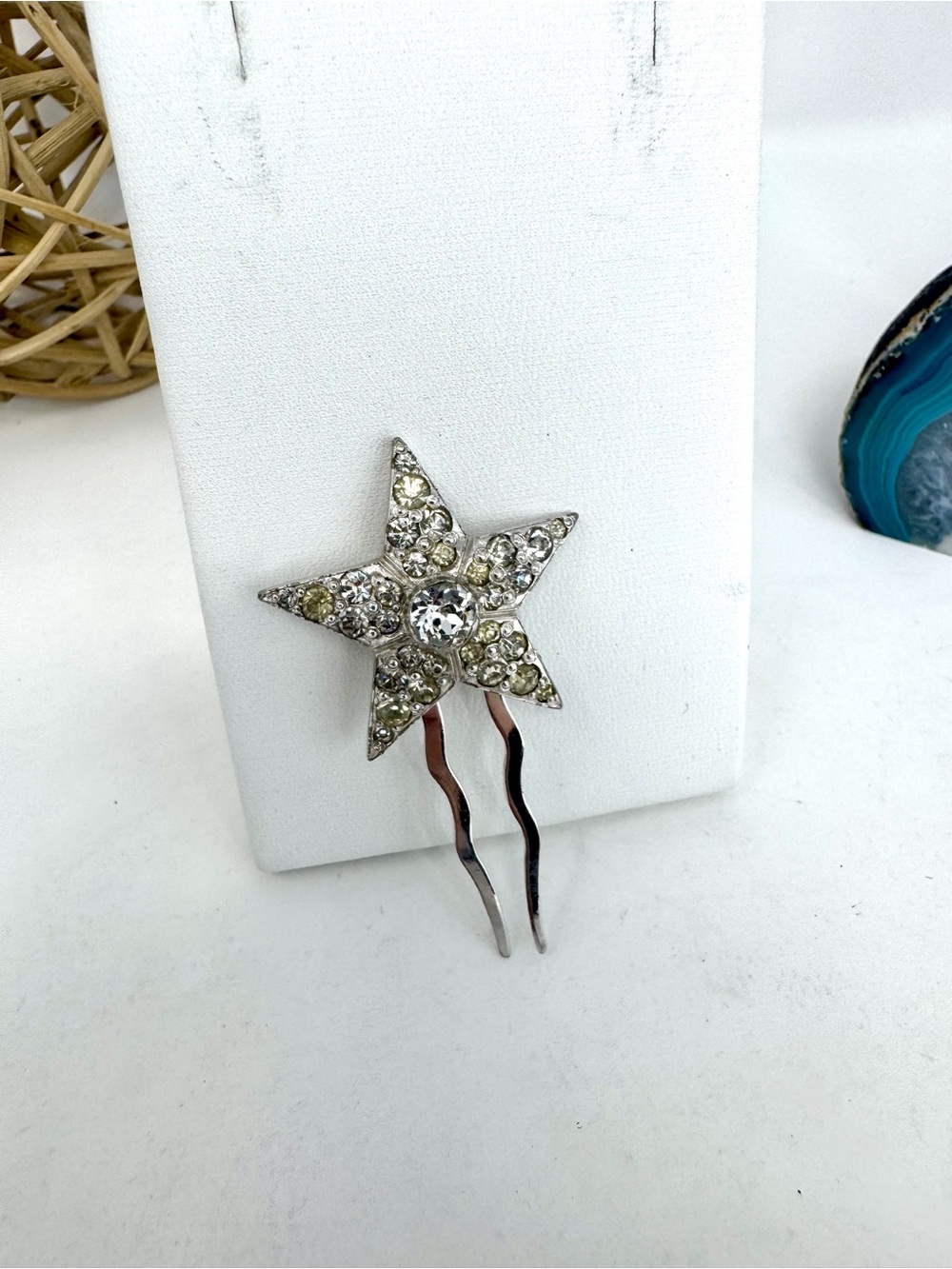 Vintage Crown Trifari Rhinestone Encrusted Celestial Star 2-Prong Hair Fork